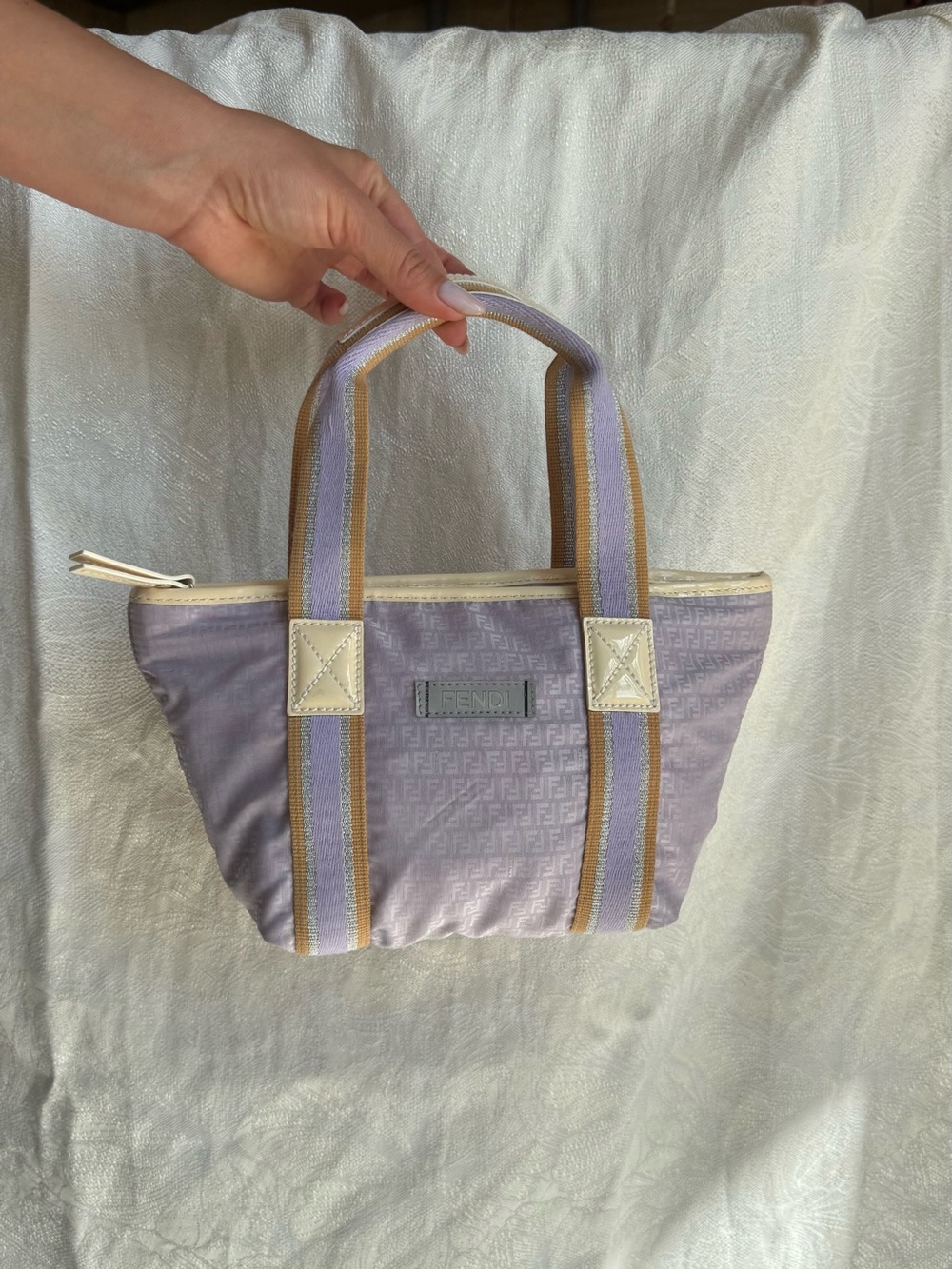 Fendi Lilac FF Logo Canvas Tote with Cream Trim